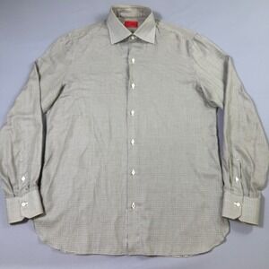 Isaia Button Up Shirt Mens 16.5/42 Olive Green Brown Micro Houndstooth Italy